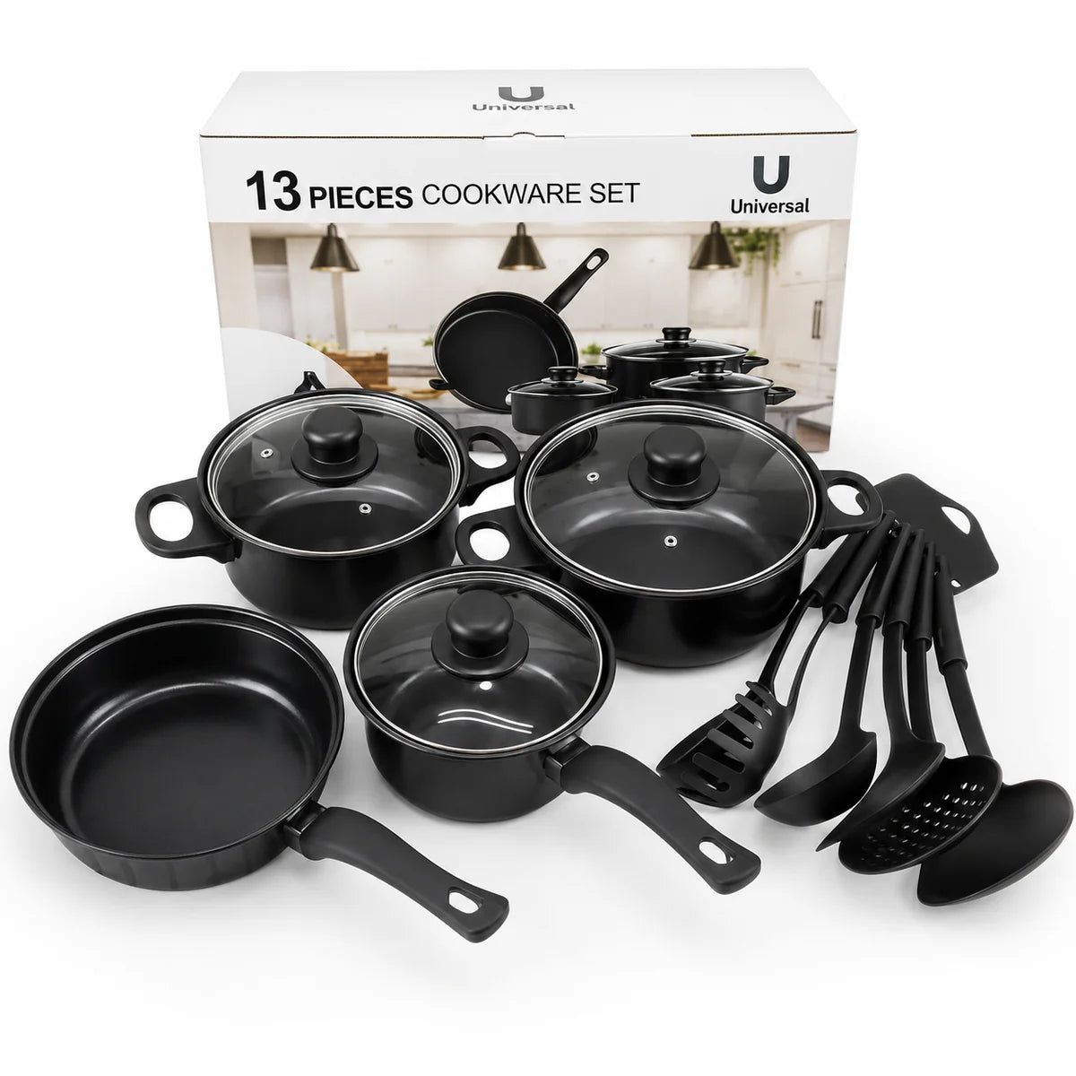🔥 LIQUIDACIÓN DE STOCK: Juego De Ollas Universal 13 Piezas Antiadherente Color Negro